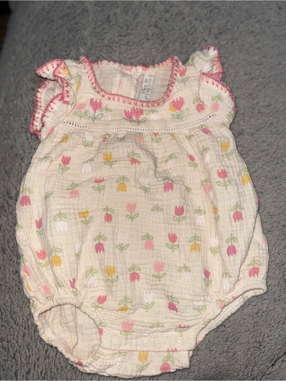 chick pea Cream Floral Tulip Muslin Romper with Pink and Yellow Accents